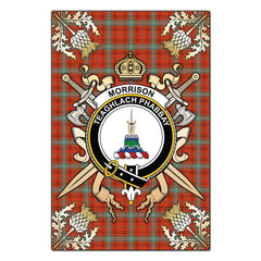 Morrison Red Ancient Tartan Crest Black Garden Flag - Gold Thistle Style