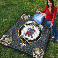 Ogilvie Hunting Modern Tartan Crest Premium Quilt - Gold Thistle Style