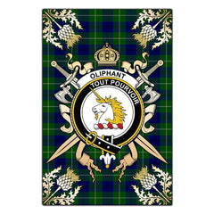 Oliphant Modern Tartan Crest Black Garden Flag - Gold Thistle Style