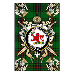 Primrose Tartan Crest Black Garden Flag - Gold Thistle Style