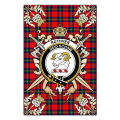 Ruthven Modern Tartan Crest Black Garden Flag - Gold Thistle Style