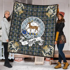 Scott Green Modern Tartan Crest Premium Quilt - Gold Thistle Style