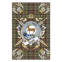Scott Green Weathered Tartan Crest Black Garden Flag - Gold Thistle Style