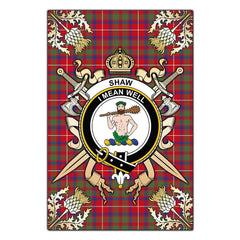 Shaw Red Modern Tartan Crest Black Garden Flag - Gold Thistle Style