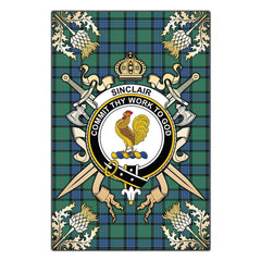 Sinclair Hunting Ancient Tartan Crest Black Garden Flag - Gold Thistle Style
