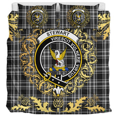 Stewart Black and White Tartan Crest Bedding Set - Golden Thistle Style