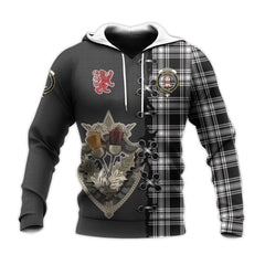 Menzies Black and White Tartan Hoodie - Lion Rampant And Celtic Thistle Style