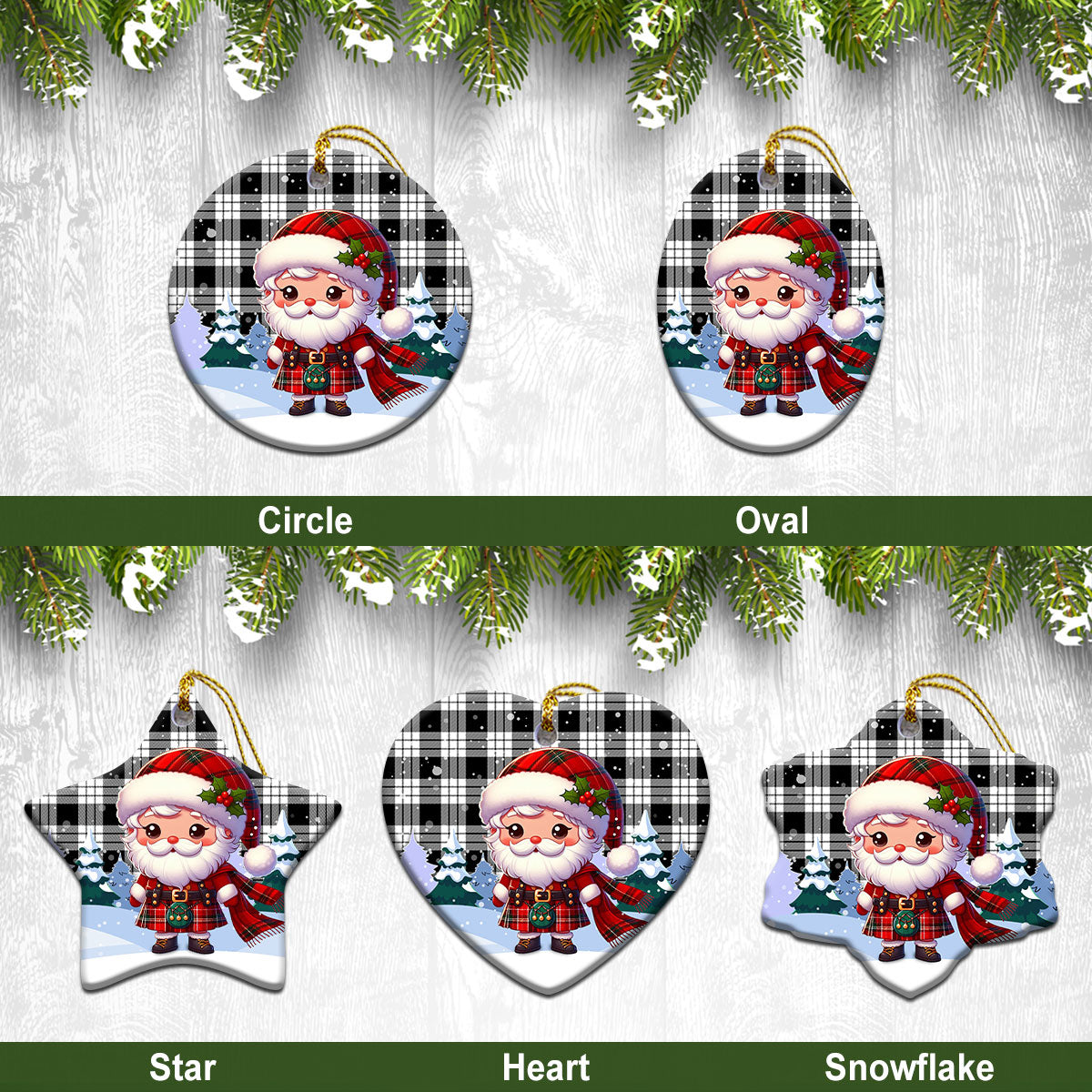 McFarlane Black - White Tartan Christmas Ceramic Ornament - Santa Claus In Kilt Style