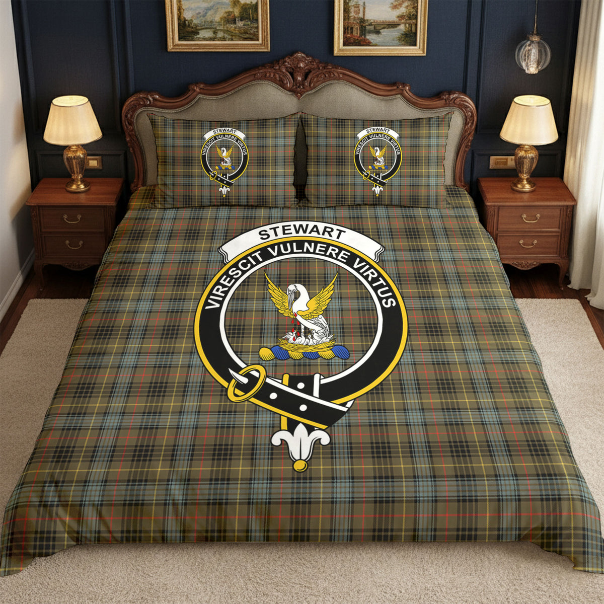 Stewart Hunting Weathered Tartan Crest Bedding Set
