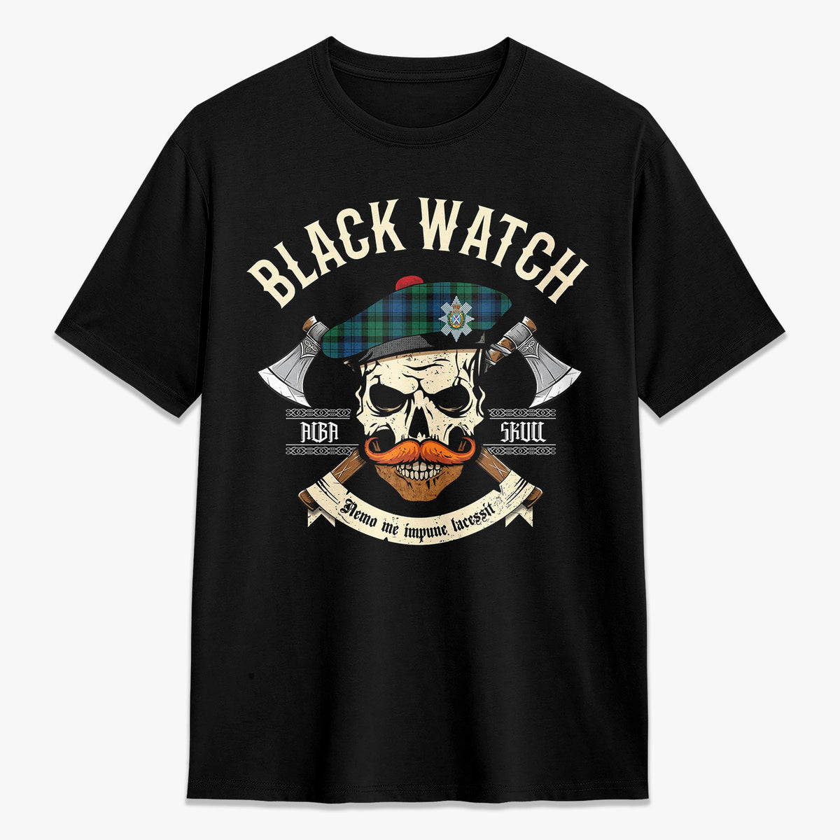 Black Watch Ancient Tartan Crest 2D T-shirt - Alba Skull Style