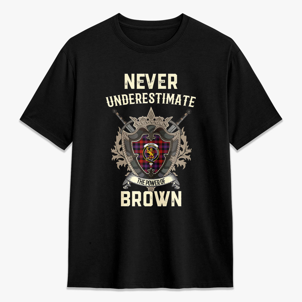 Brown Modern Tartan Crest 2D T-shirt - Never Underestimate Style