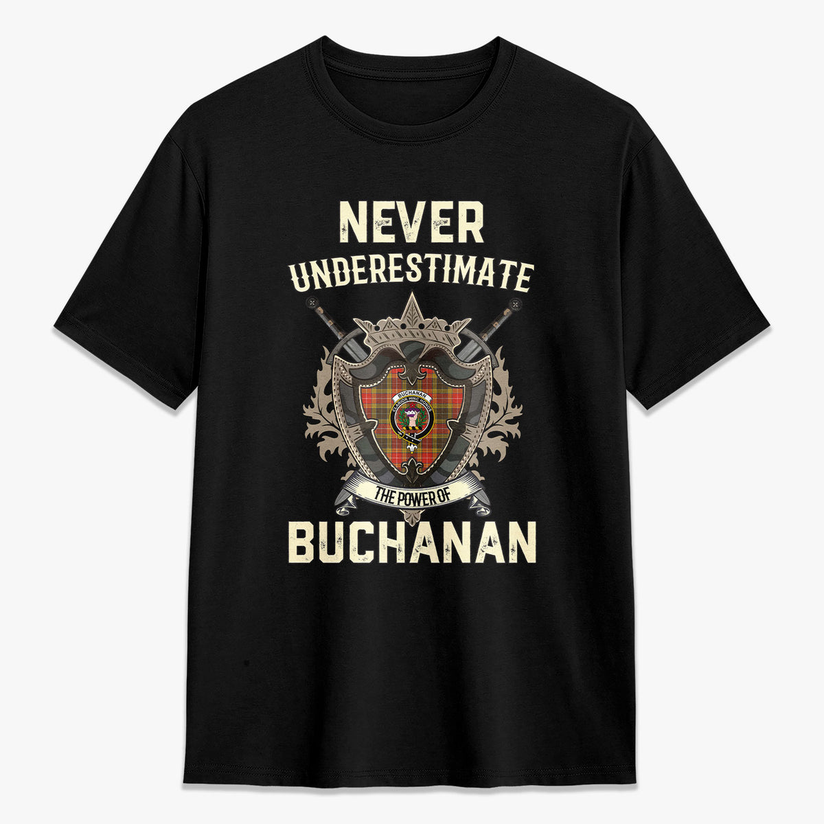 Buchanan Old Set Weathered Tartan Crest 2D T-shirt - Never Underestimate Style