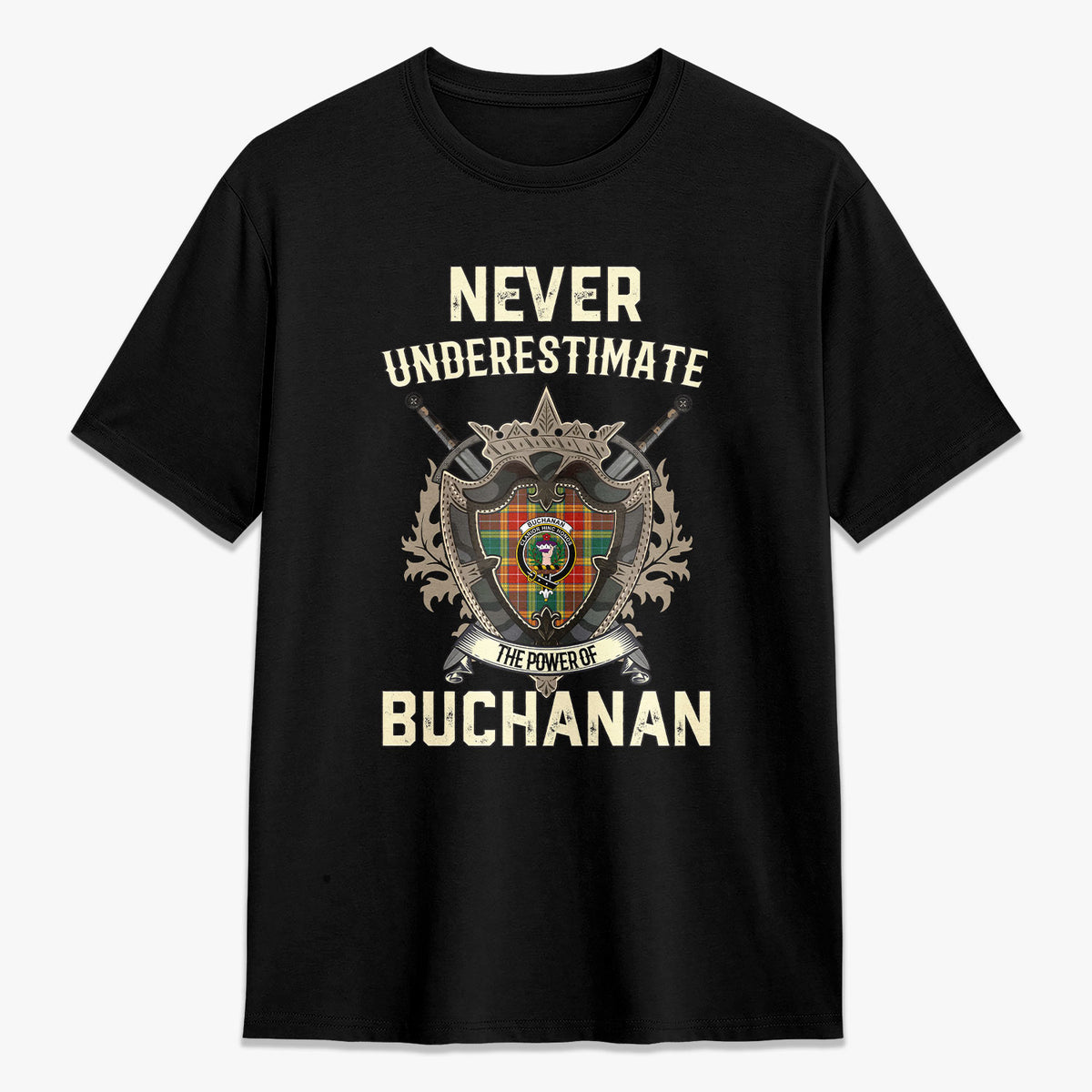 Buchanan Old Sett Tartan Crest 2D T-shirt - Never Underestimate Style
