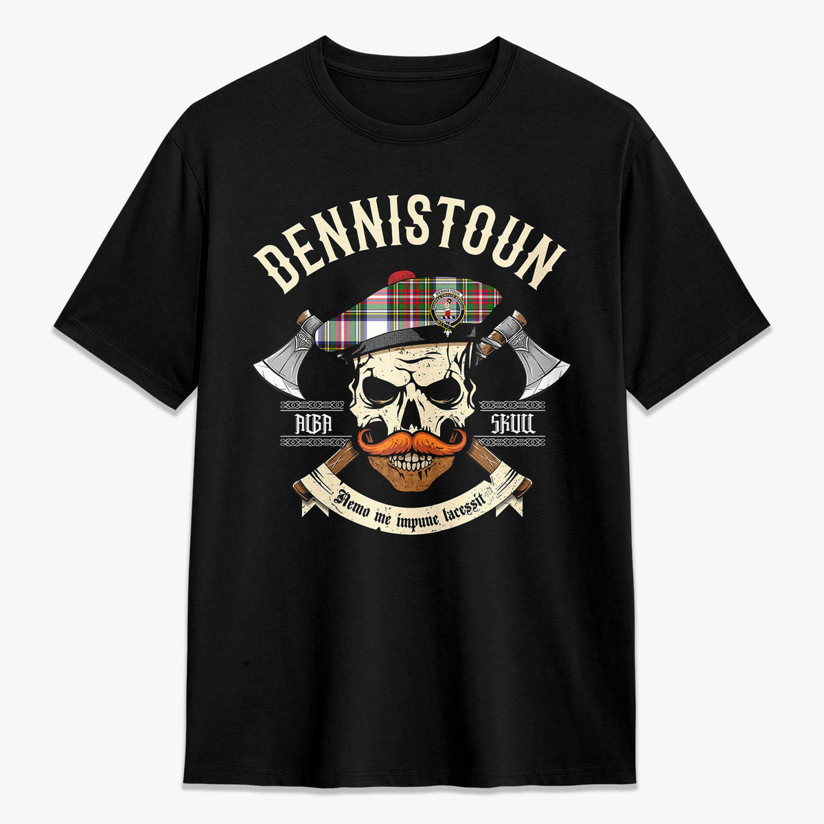 Dennistoun Tartan Crest 2D T-shirt - Alba Skull Style