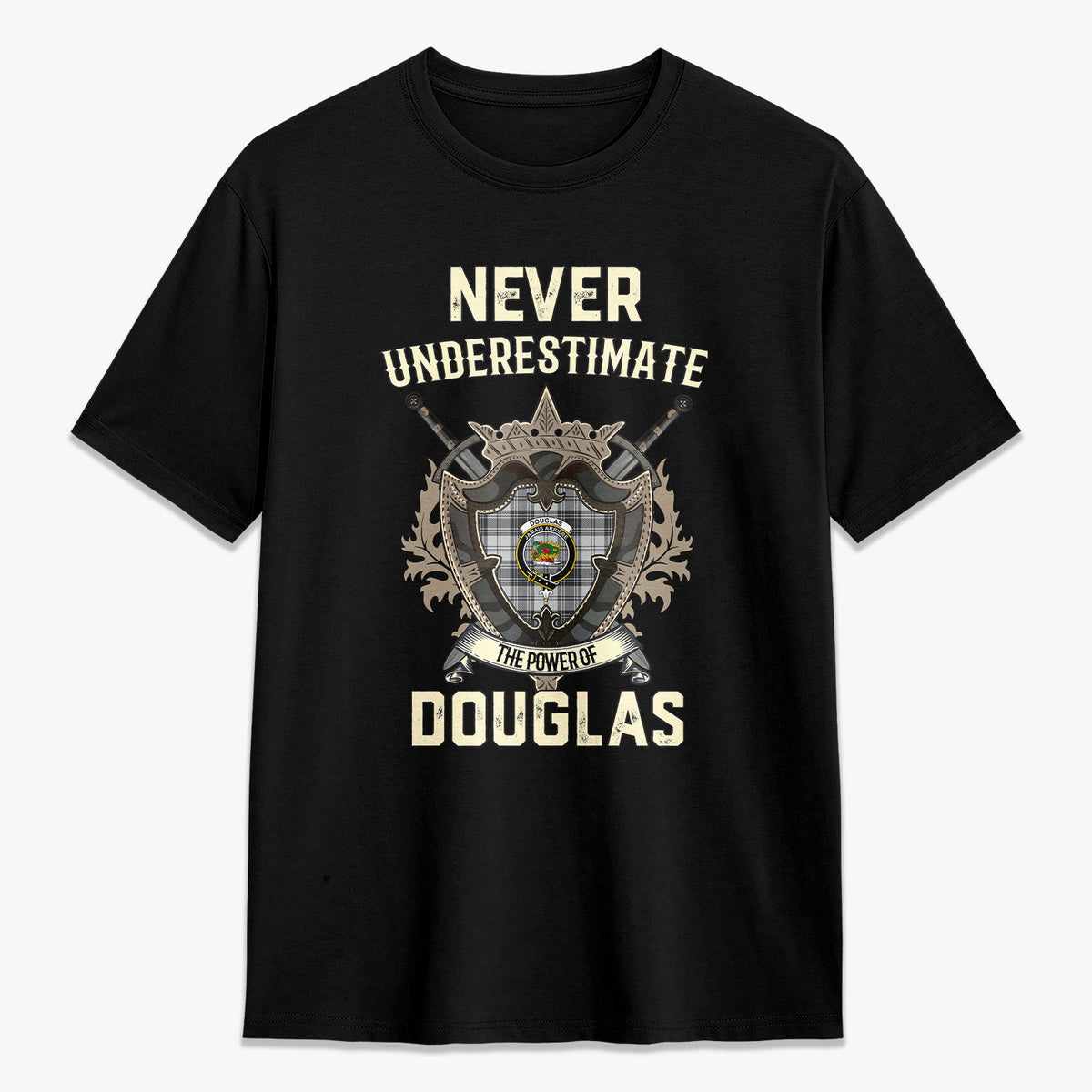 Douglas Grey Modern Tartan Crest 2D T-shirt - Never Underestimate Style