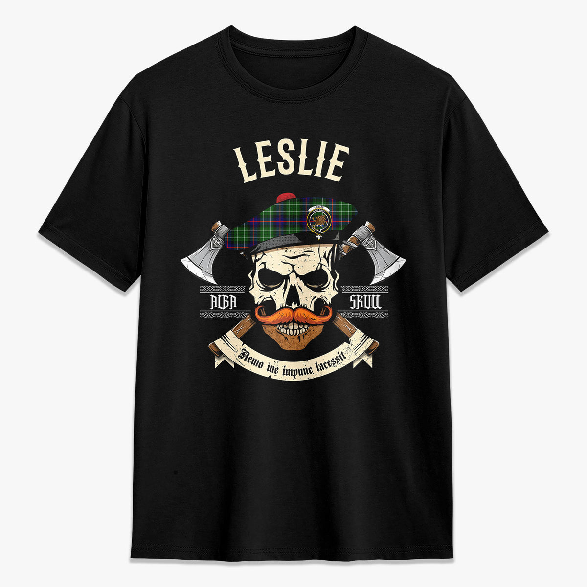 Leslie Hunting Tartan Crest 2D T-shirt - Alba Skull Style