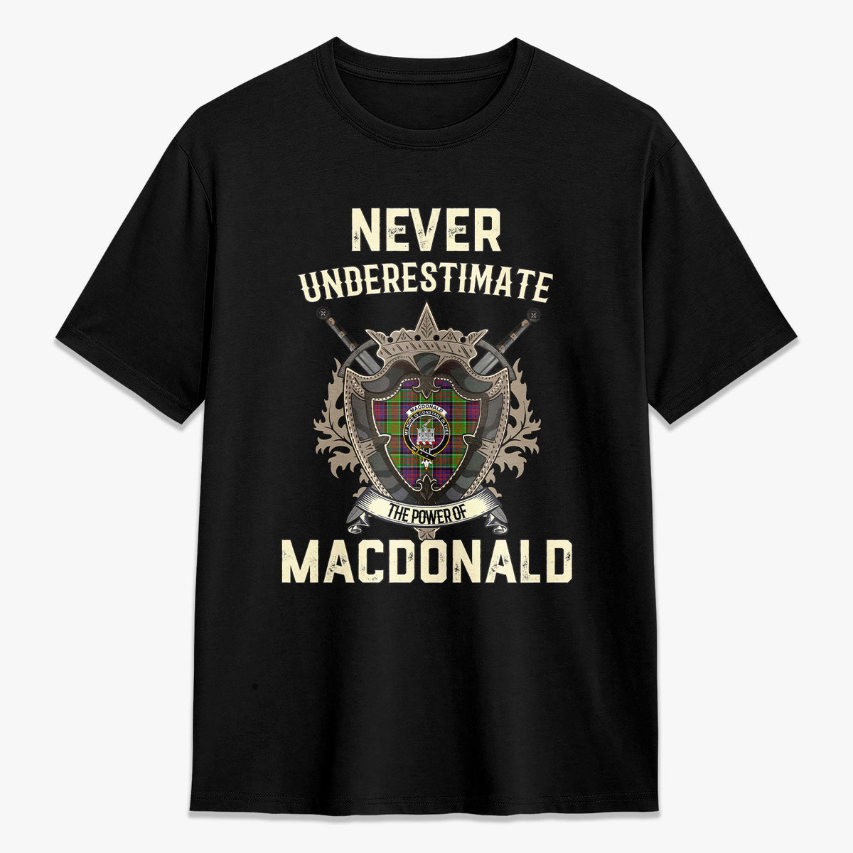 MacDonald (Clan Ranald) Tartan Crest 2D T-shirt - Never Underestimate Style