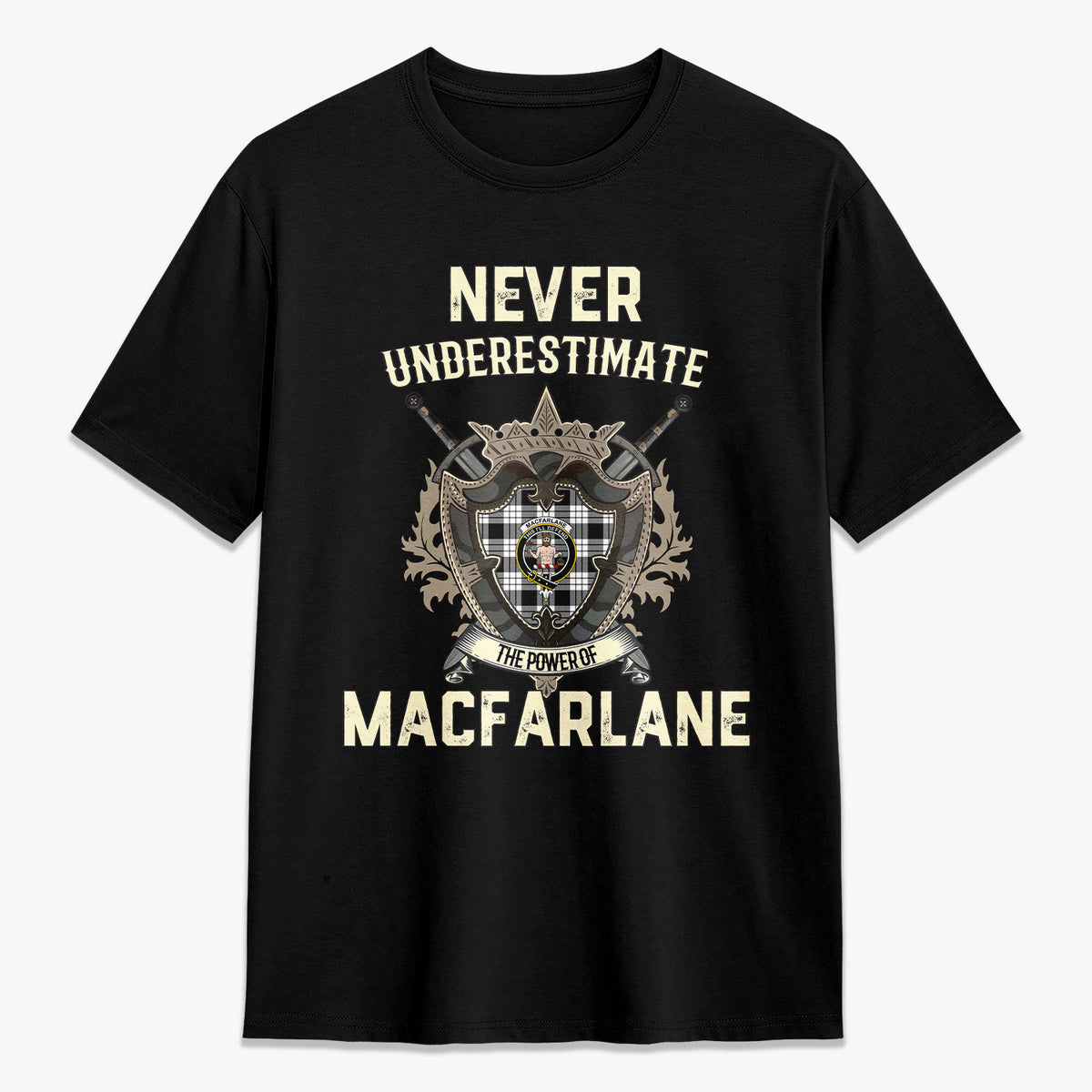 MacFarlane Black - White Tartan Crest 2D T-shirt - Never Underestimate Style