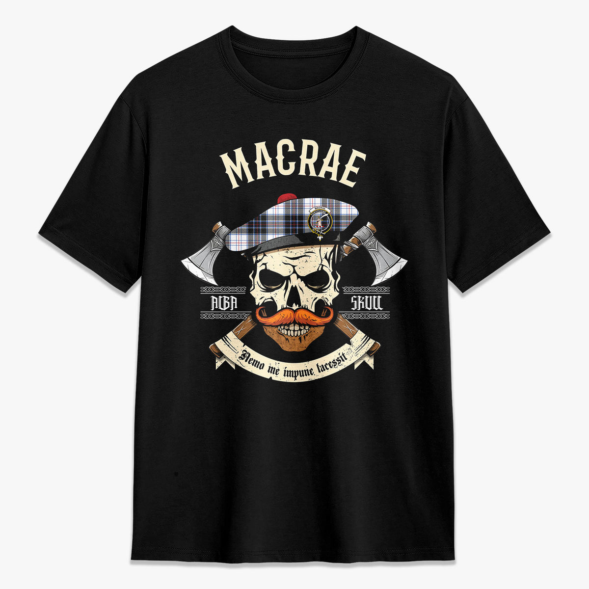 MacRae Dress Modern Tartan Crest 2D T-shirt - Alba Skull Style