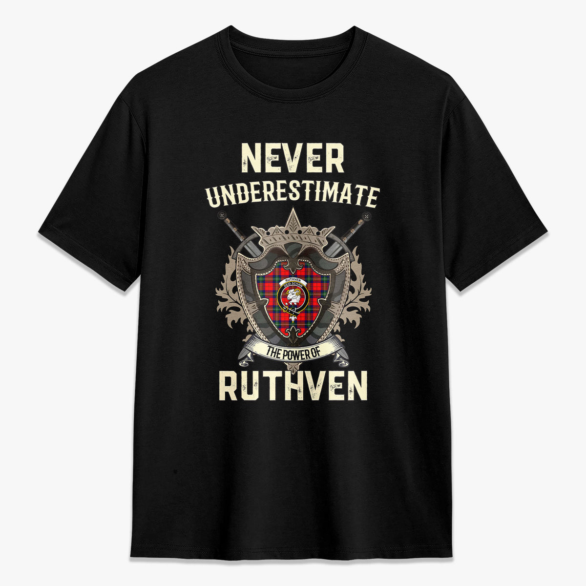 Ruthven Modern Tartan Crest 2D T-shirt - Never Underestimate Style