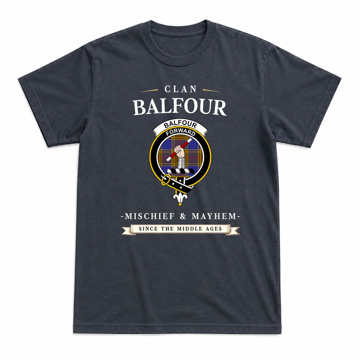 Balfour Modern Tartan Crest Mischief and Mayhem T-shirt