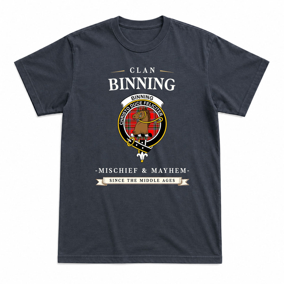 Binning (of Wallifoord) Tartan Crest Mischief and Mayhem T-shirt