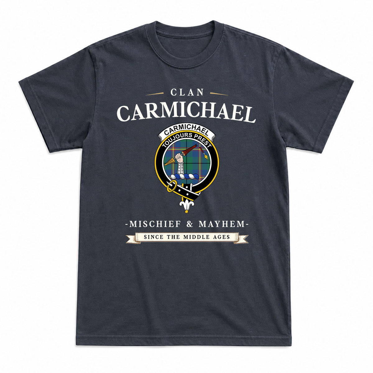Carmichael Ancient Tartan Crest Mischief and Mayhem T-shirt