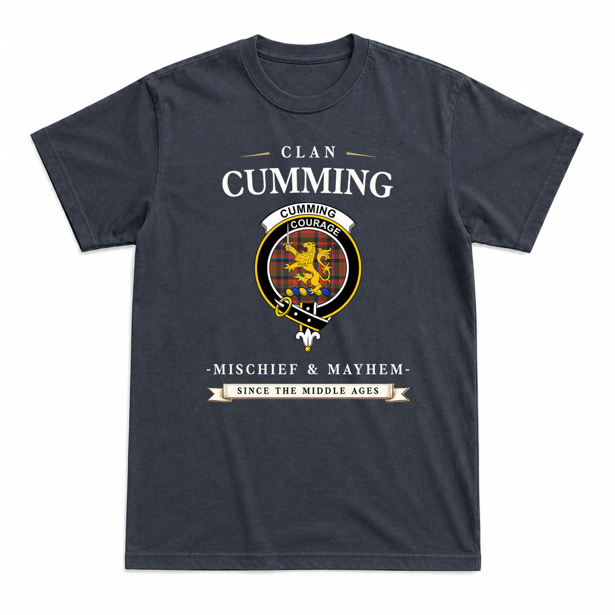 Cumming Hunting Weathered Tartan Crest Mischief and Mayhem T-shirt