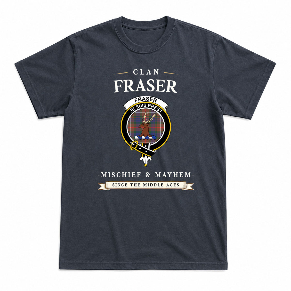 Fraser (of Lovat) Hunting Modern Tartan Crest Mischief and Mayhem T-shirt