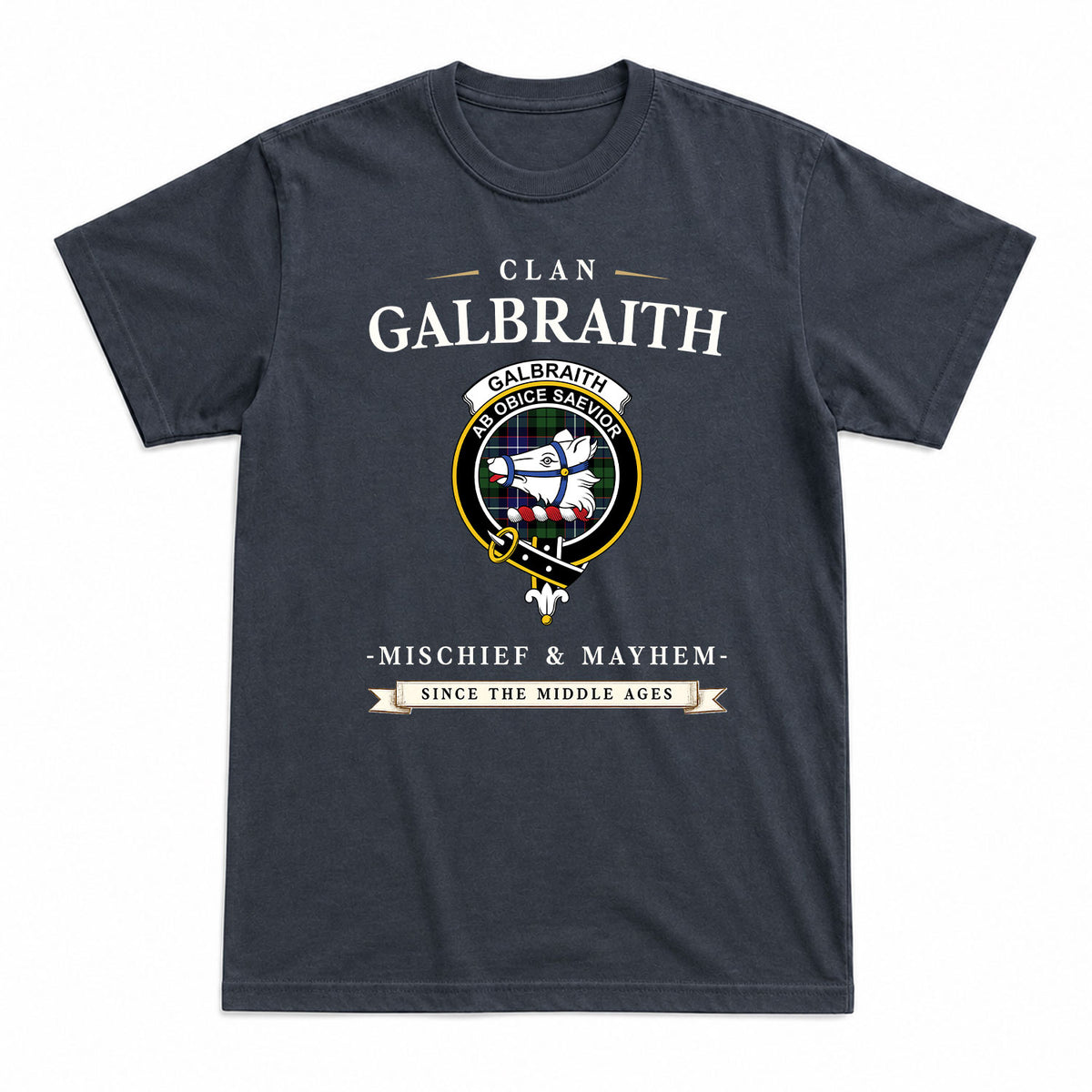 Galbraith Modern Tartan Crest Mischief and Mayhem T-shirt