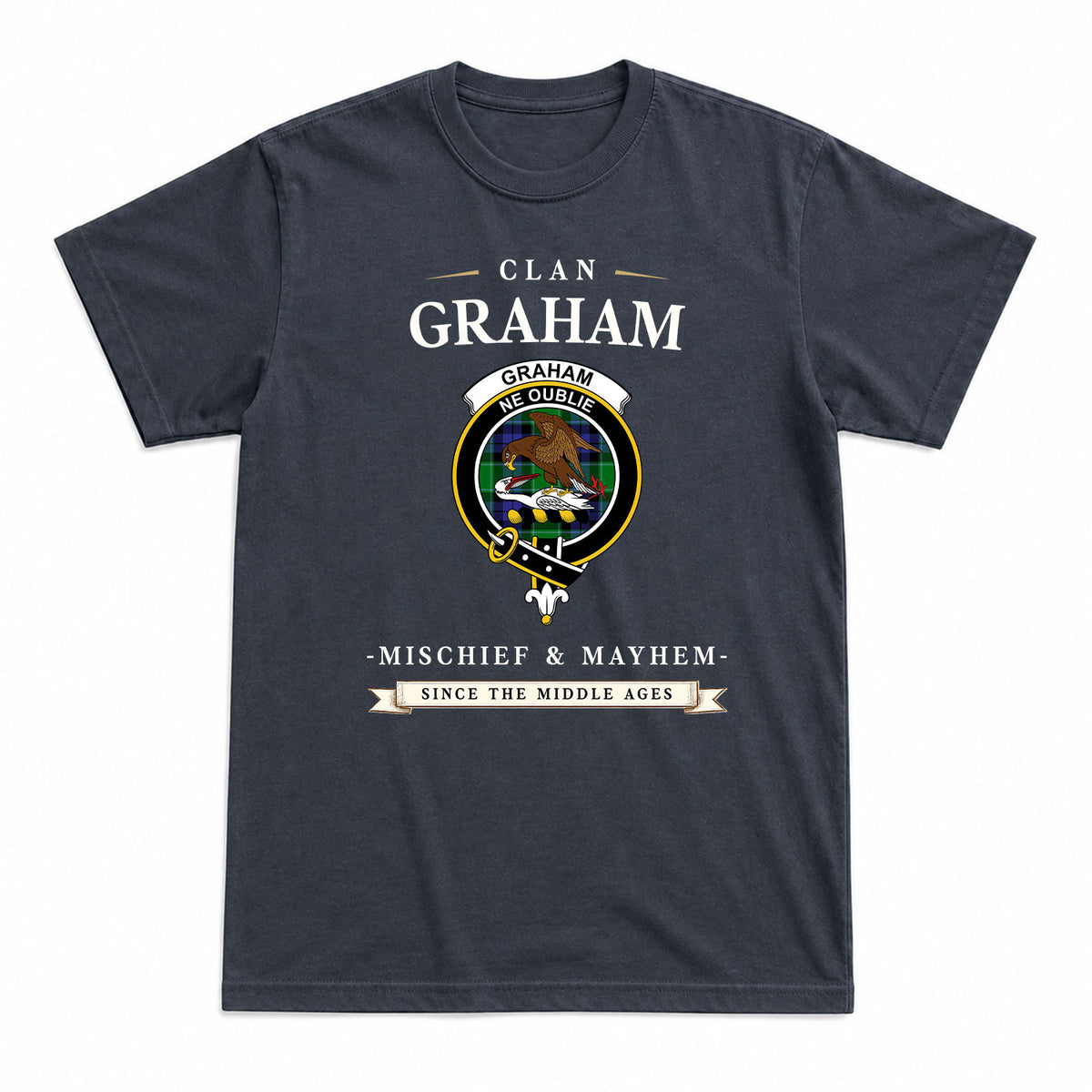 Graham of Menteith Modern Tartan Crest Mischief and Mayhem T-shirt