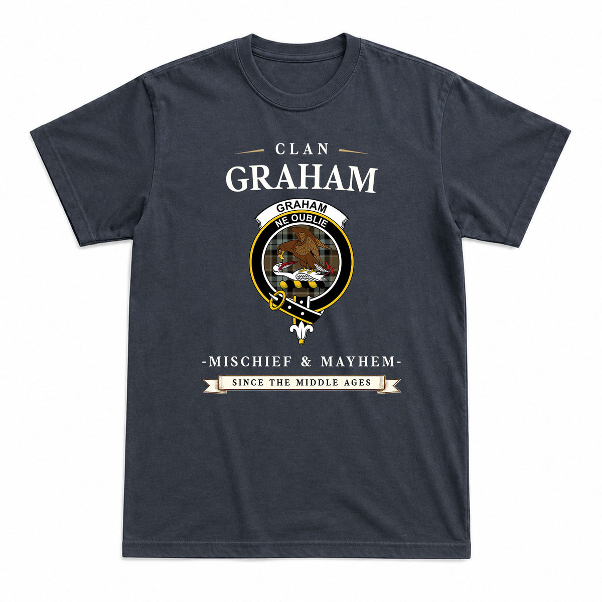 Graham of Menteith Weathered Tartan Crest Mischief and Mayhem T-shirt