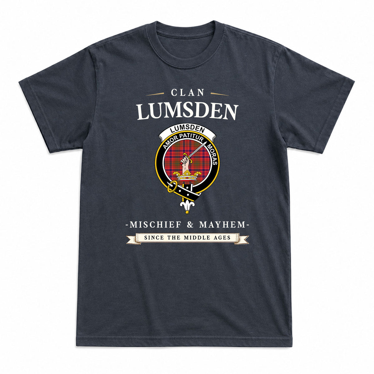 Lumsden Modern Tartan Crest Mischief and Mayhem T-shirt