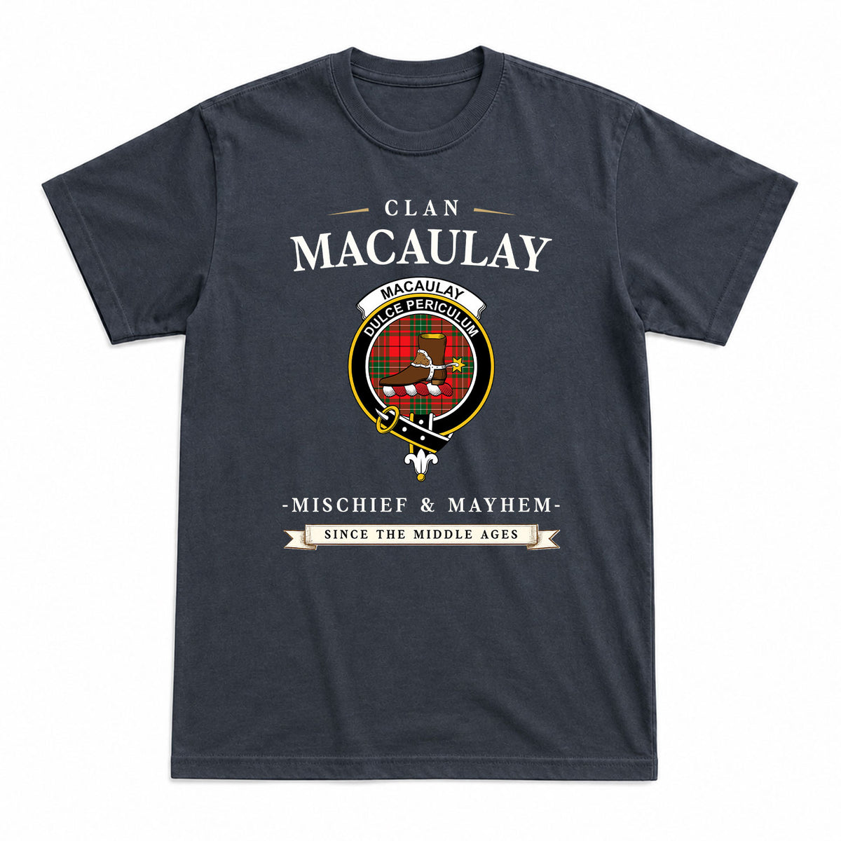 MacAulay Modern Tartan Crest Mischief and Mayhem T-shirt