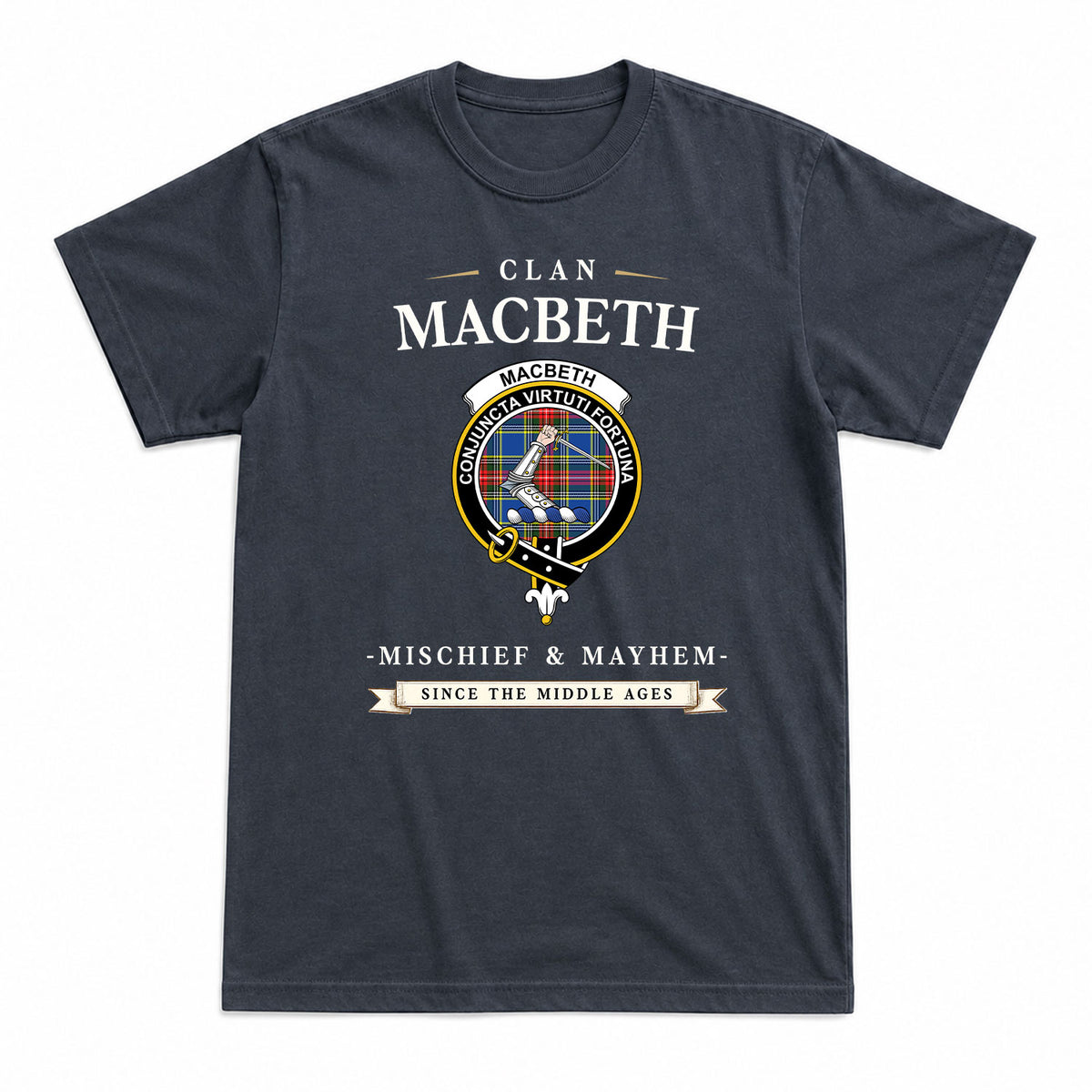 MacBeth Modern Tartan Crest Mischief and Mayhem T-shirt