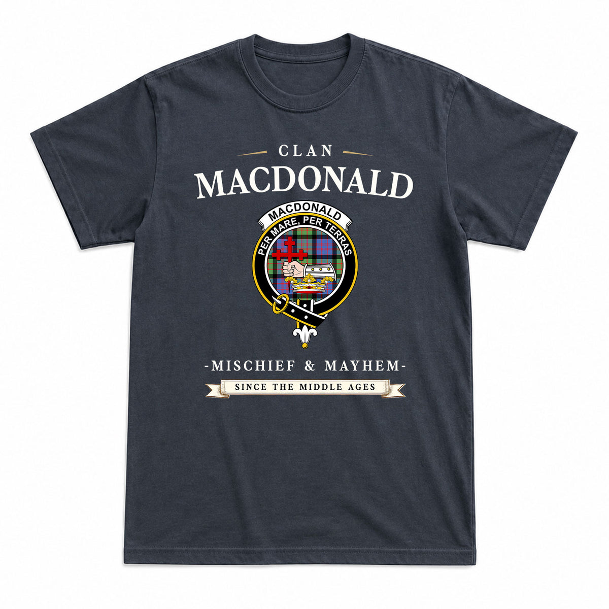 MacDonald Ancient Tartan Crest Mischief and Mayhem T-shirt