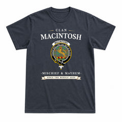 MacIntosh Hunting Ancient Tartan Crest Mischief and Mayhem T-shirt