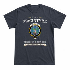 MacIntyre Hunting Ancient Tartan Crest Mischief and Mayhem T-shirt