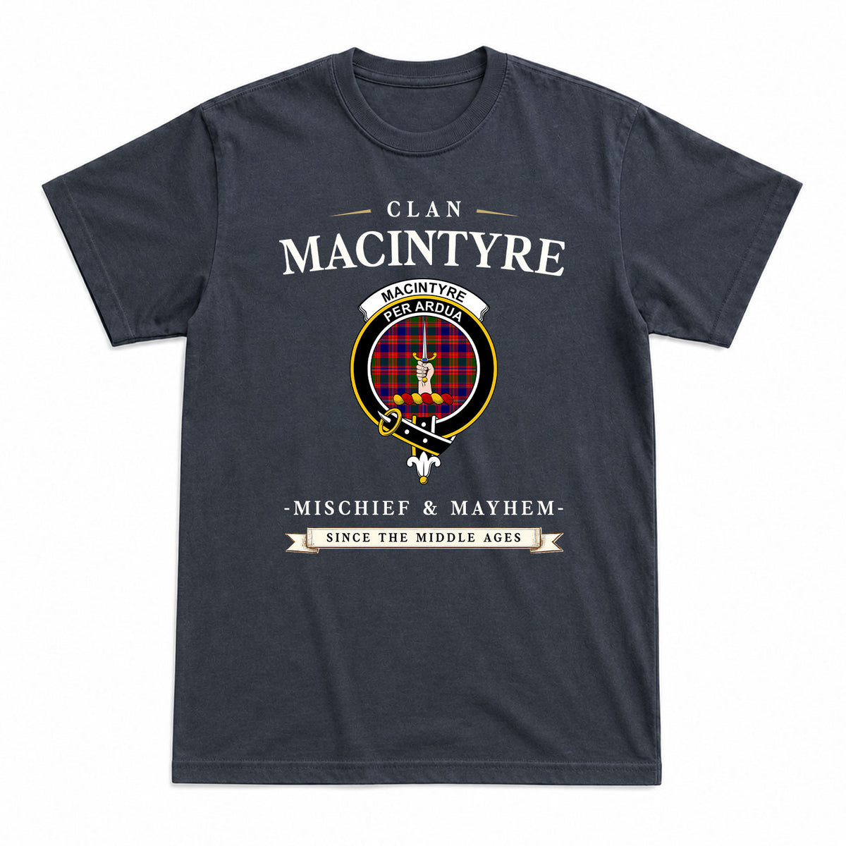 MacIntyre Modern Tartan Crest Mischief and Mayhem T-shirt