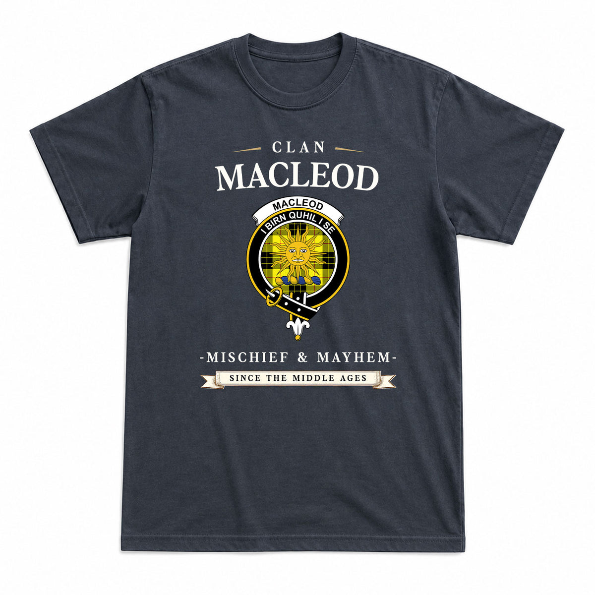 MacLeod of Lewis Modern Tartan Crest Mischief and Mayhem T-shirt