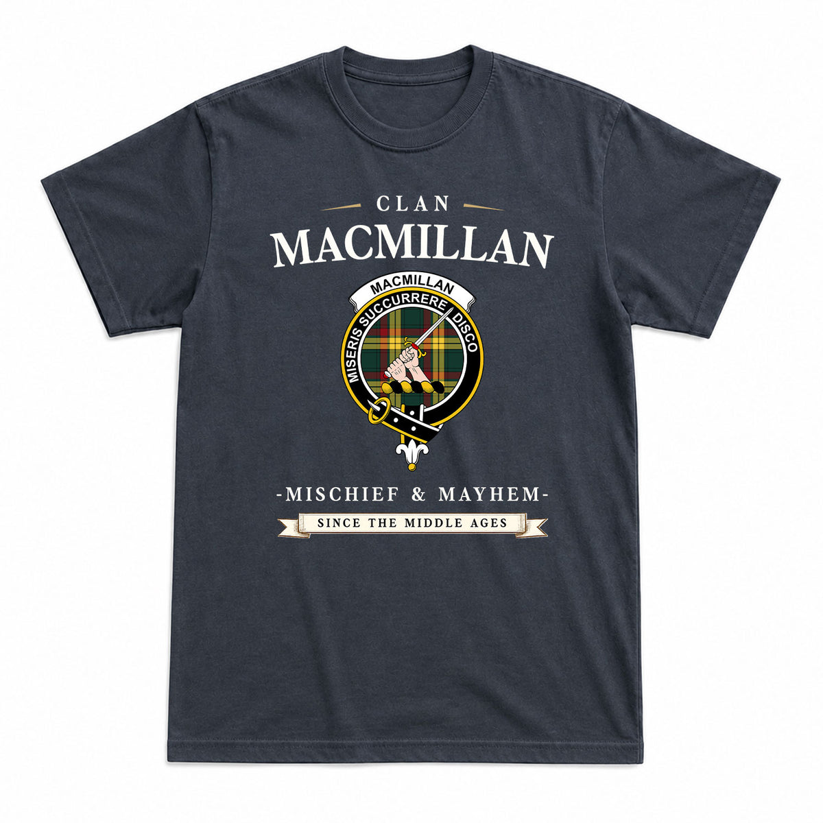 MacMillan Old Modern Tartan Crest Mischief and Mayhem T-shirt