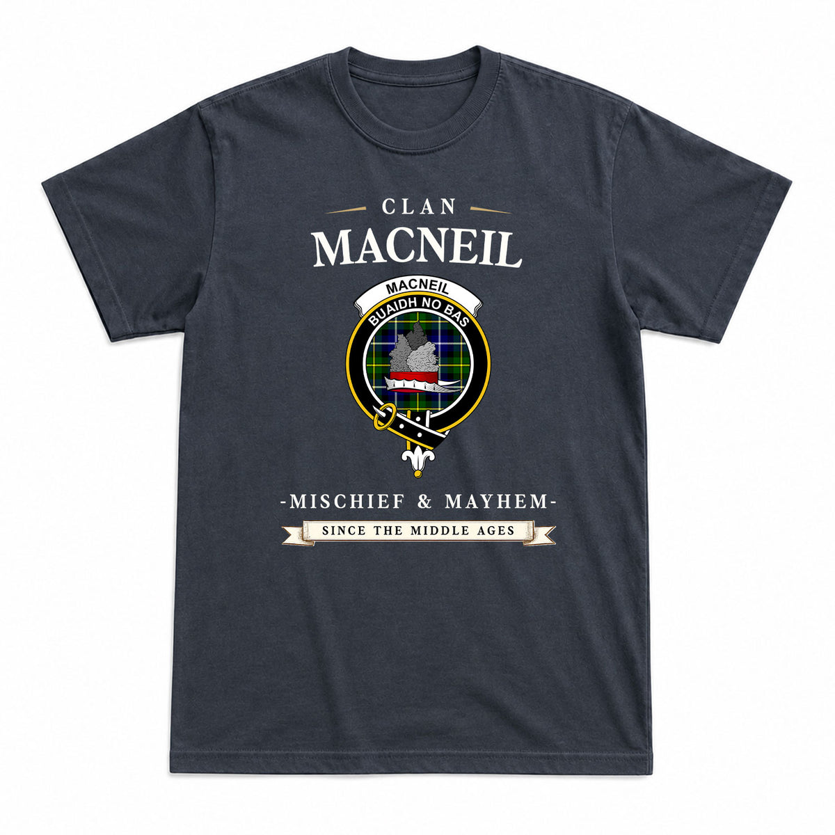 MacNeil of Barra Modern Tartan Crest Mischief and Mayhem T-shirt