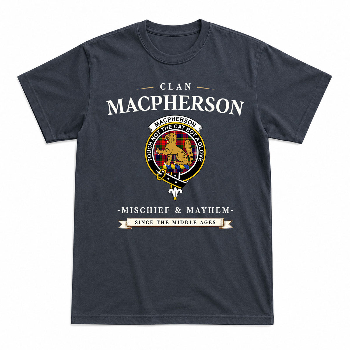MacPherson Modern Tartan Crest Mischief and Mayhem T-shirt
