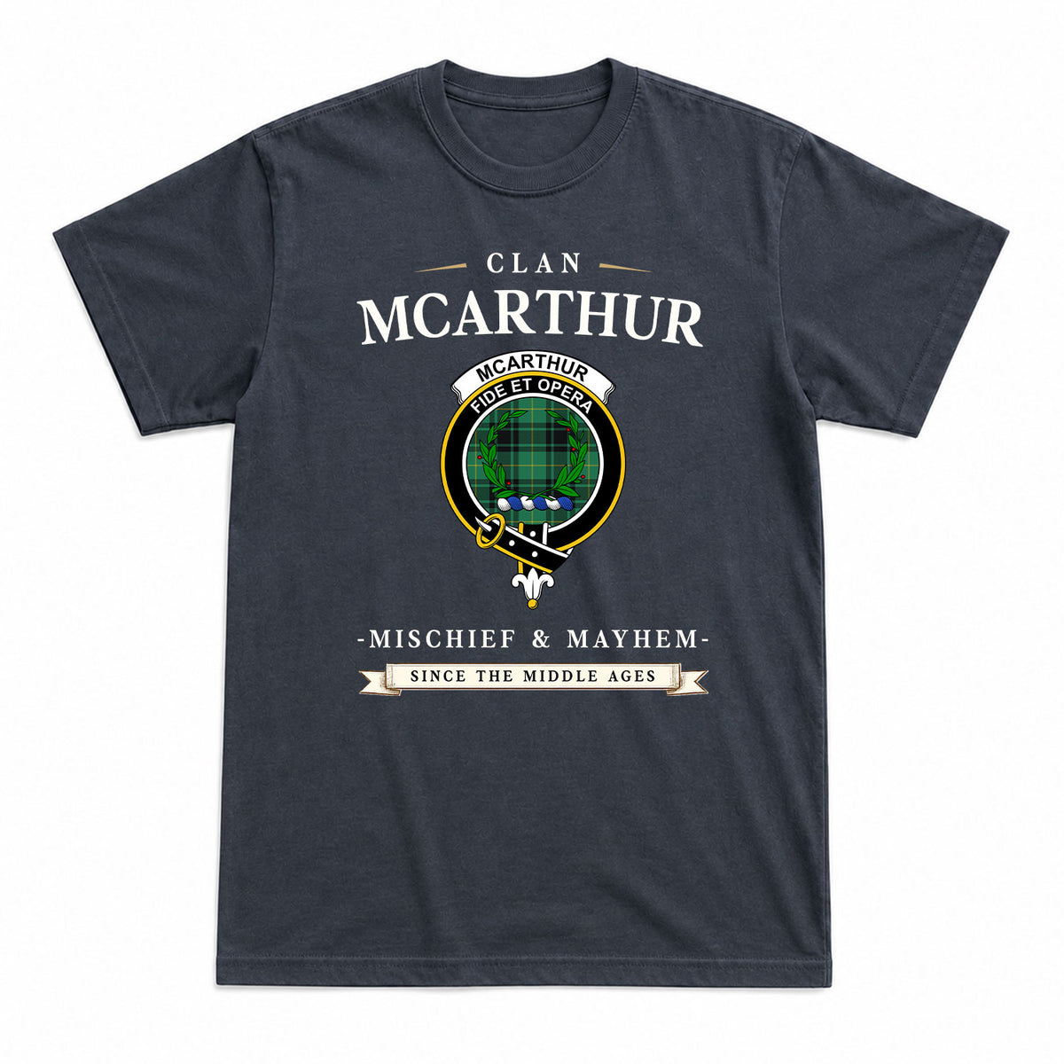 McArthur Ancient Tartan Crest Mischief and Mayhem T-shirt