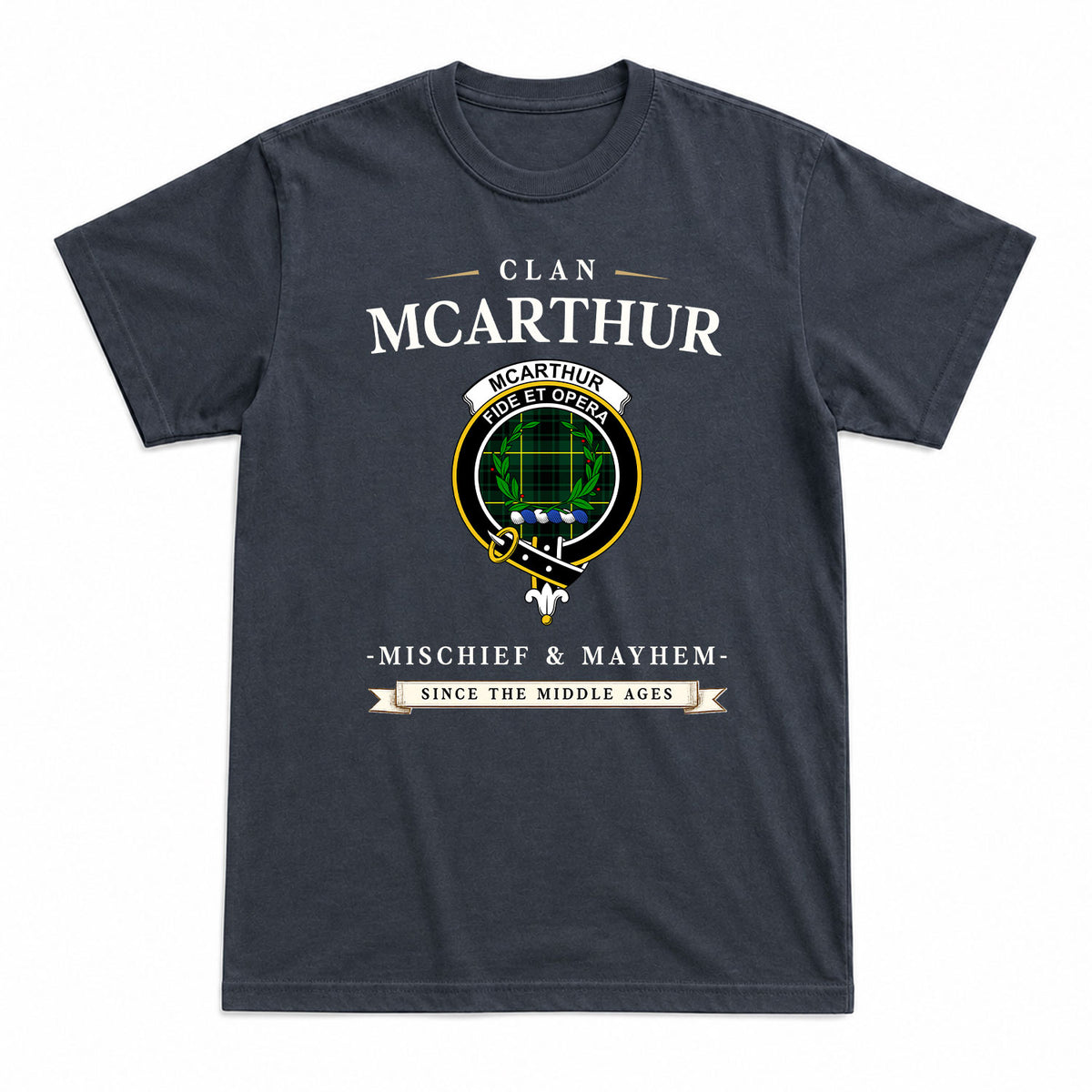 McArthur Modern Tartan Crest Mischief and Mayhem T-shirt