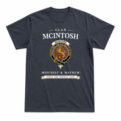 McIntosh Hunting Weathered Tartan Crest Mischief and Mayhem T-shirt