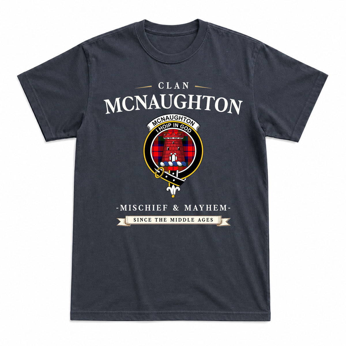 McNaughton Modern Tartan Crest Mischief and Mayhem T-shirt