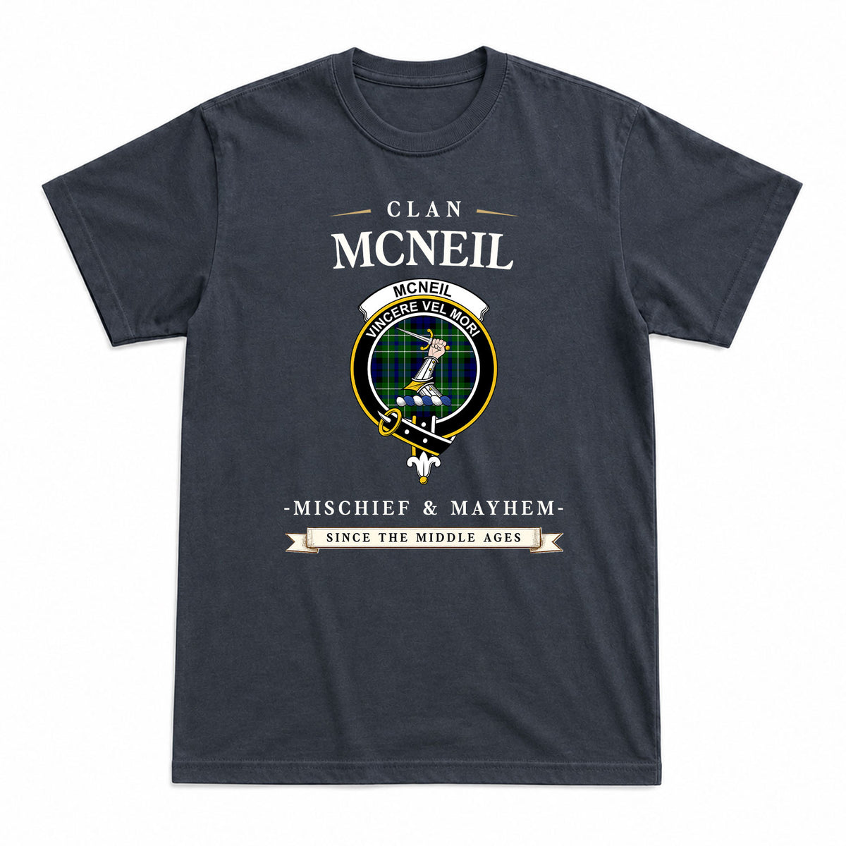 McNeil of Colonsay Modern Tartan Crest Mischief and Mayhem T-shirt