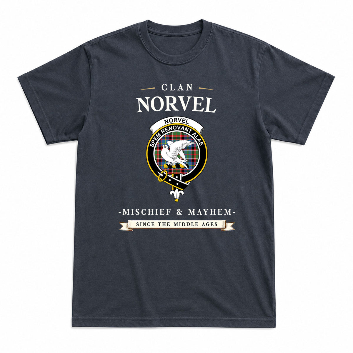 Norvel (or Norvill) Tartan Crest Mischief and Mayhem T-shirt