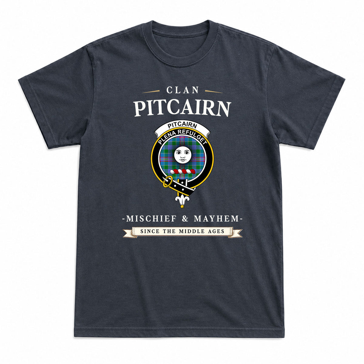 Pitcairn Hunting Tartan Crest Mischief and Mayhem T-shirt